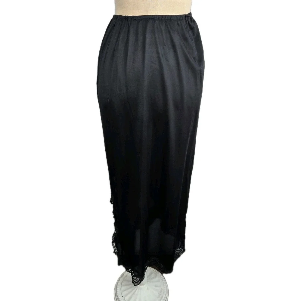 Kayser Vtg Black Long Half Slip‎ Size S Side Slit Lace Trim Made In USA Lingerie